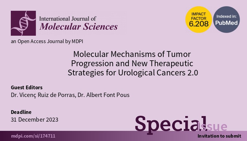 Very pleased to announce that the 2nd Edition of our Special Issue: 'Molecular Mechanisms of Tumor Progression and New Therapeutic Strategies for Urological Cancers' is now open for submissions at @IJMS_MDPI !
#prostatecancer #bladdercancer #kidneycancer