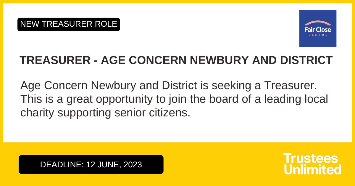 *** NEW TREASURER ROLE *** 

Age Concern Newbury and District CIO is seeking a Treasurer.

Deadline: 12 June

More info: ow.ly/PvYa50OmpTS

#Leadership #Governance #CharityTrustee #TrusteeRole #Trustee #GoodGovernance #Charity #CharityRole #CharityJob