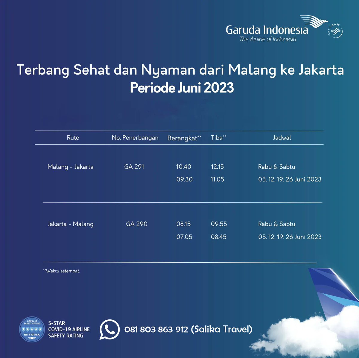 Terbang Sehat & Nyaman dari Malang ke Jakarta Periode Juni 2023 by Garuda Indonesia

#SalikaTravel
#FlightInfo
#GarudaIndonesia