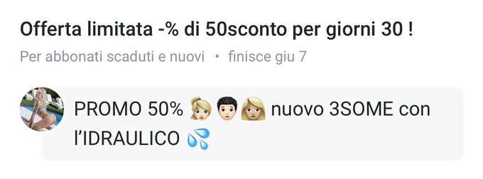 Marted&igrave; uscir&agrave; un nuovo 3SOME 👱🏻&zwj;♀️🧑🏻&zwj;🦱👩🏼 con l&rsquo;idraulico 🤫💦 Solo per poco PROMO 50% 👇🏻 👇🏻 https://t<a href="/tag/sex"class="tags"><span>#sex</span></a><a href="/tag/blonde"class="tags"><span>#blonde</span></a><a href="/tag/3some"class="tags"><span>#3some</span></a><a href="/tag/idraulico"class="tags"><span>#idraulico</span></a>
