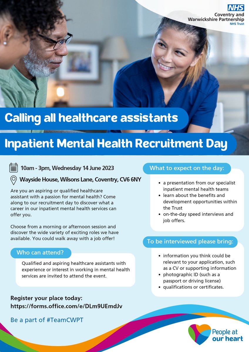 CWPT_NHS's tweet image. We’re hosting a #MentalHealth inpatient recruitment day for health care assistants #HCAs on Wednesday 14 June.

If you’re looking for a new challenge, come along and meet our friendly teams. Register: forms.office.com/e/DLm9UEmdJv