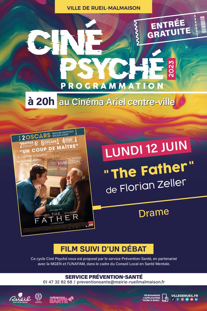 villederueil's tweet photo. 🎥 Dans le cadre du Conseil Local en Santé Mentale, le cycle #CinéPsyché, proposé par le service Prévention-Santé revient avec le film « The Father » de Florian Zeller, suivi d’un débat. @groupe_mgen #UNAFAM
📆 Lundi 12 juin
🕔 20h
📍 Cinéma Ariel centre-ville https://t.co/Pk4VPrNdyl
