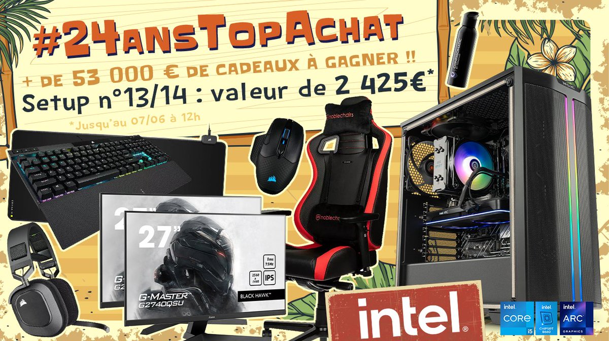 🎁 Concours 🎁 #24AnsTopAchat + de 53 000 € de cadeaux à gagner ! On enchaine sur le #Setup13 de 2425 € ! 👉 Pour participer ☑ #RT ce tweet ☑ Follow @TopAchat ➕ Participe aussi sur TikTok / Discord / Insta / Facebook topachat.com/p/content/conc… ⌛TAS le 07/06 à 12h 🍀