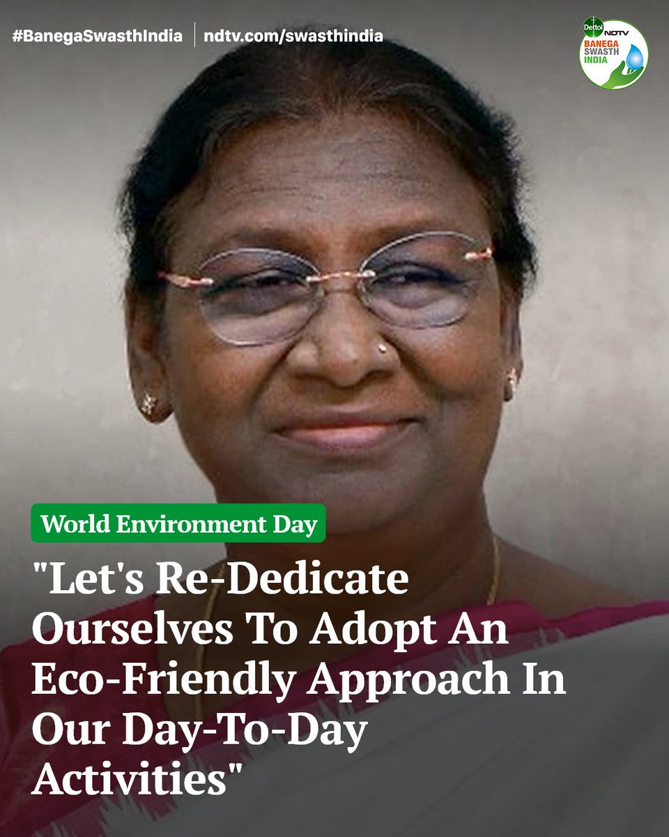 banegaswasthind's tweet photo. #BanegaSwasthIndia | Wishing people on #WorldEnvironmentDay2023, President Droupadi Murmu called for the need to "build a green future together".
Read: https://t.co/UEFd4XAbTQ
#RespondRepairRecover #MissionLife #WorldEnvironmentDay @rashtrapatibhvn https://t.co/35Zn3SzqLj