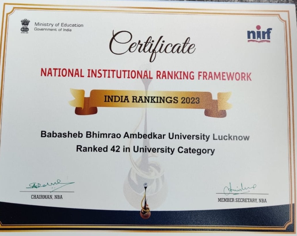 Very happy to share that #BBAU ranked 42 in  University category in #NIRF
<a href="/ProfSanjaySingh/">Prof. Sanjay Singh</a> <a href="/EduMinOfIndia/">Ministry of Education</a> <a href="/dpradhanbjp/">Dharmendra Pradhan</a> <a href="/SanjayDhotreMP/">Sanjay Dhotre</a> <a href="/OfficeOfSDhotre/">Office of Sanjay Dhotre</a> <a href="/ugc_india/">UGC INDIA</a>