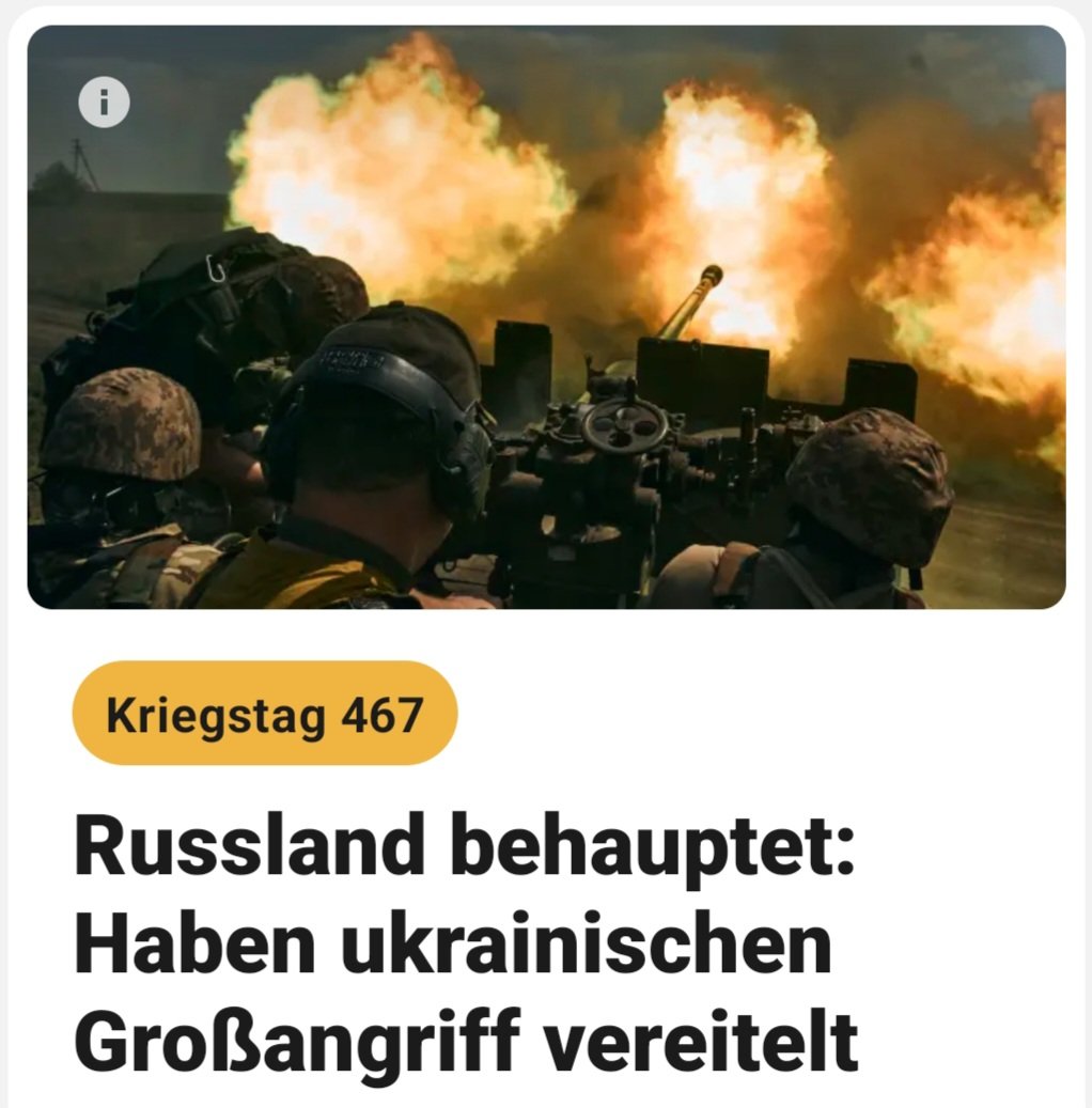 Kriegstag 467!!!
Ich kann irgendwie nicht erkennen, dass die #Waffenlieferungen an die #Ukraine diesen Irrsinns-Krieg wie versprochen verkürzt hätten!
Diese Strategie ist gescheitert!
Wann wird ENDLICH ERNSTHAFT VERHANDELT??? 🤔😕

#PeacePlease