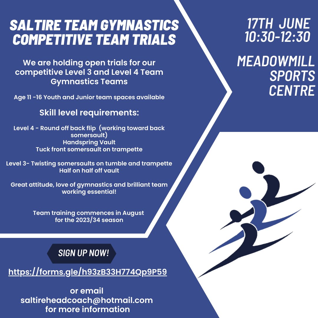 DunbarActiveSchools (@dunbaras) on Twitter photo <a href="/SaltireTeamgym/">Saltire Teamgym</a> are holding trials for gymnasts to join our L3 and L4 competitive teams. These are for gymnasts age 11-16. Our competitive teams compete on floor, tumble, trampette and vault at a range of competitions. Sign up here! forms.gle/h93zB33H774Qp9… <a href="/SaltireTeamgym/">Saltire Teamgym</a> are holding trials for gymnasts to join our L3 and L4 competitive teams. These are for gymnasts age 11-16. Our competitive teams compete on floor, tumble, trampette and vault at a range of competitions. Sign up here! forms.gle/h93zB33H774Qp9…