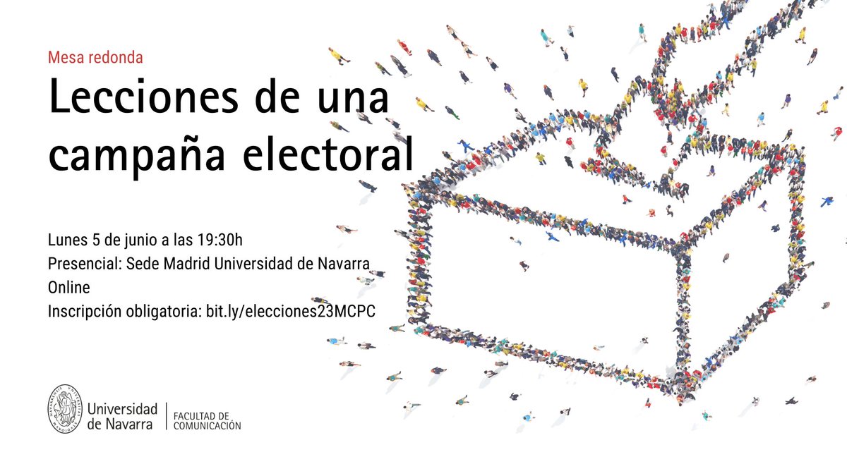 fcomunav's tweet photo. Hoy a las 19:30h comentaremos en el @mcpc_unav la situación electoral de España, lecciones aprendidas tras el 28M y lo que podemos esperar del 23J.

Sesión online y presencial. 

Inscripciones 👉https://t.co/ATiL8k6OIS https://t.co/fdbkORP0La