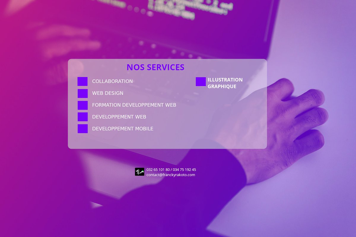 franckycodes's tweet image. Je suis ouvert à des collaborations en développement web offshore. Je suis un pme dans le domaine du développement web basé à Antananarivo, Madagascar. Vous pouvez visiter mon site sur franckyrakoto.com et me contacter pour plus d' informations.