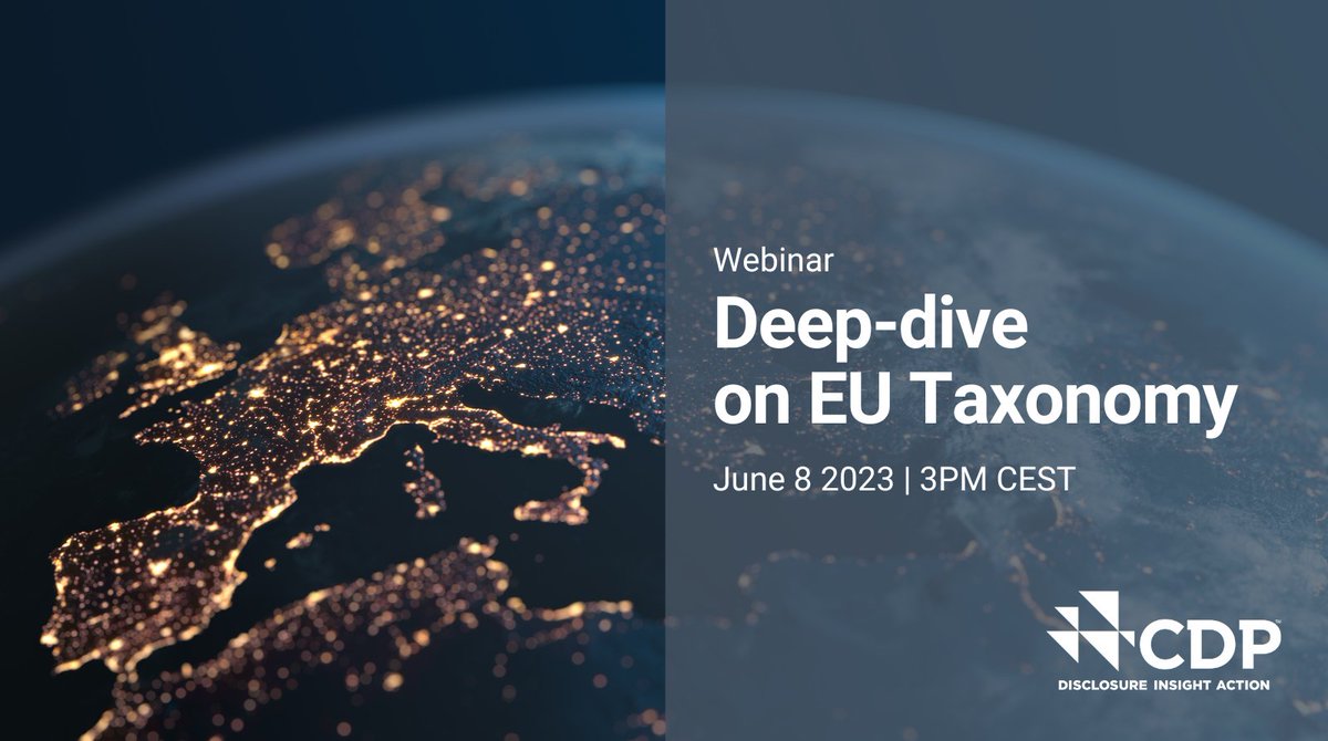 Join us on June 8 for a deep-dive on the EU Taxonomy aimed at investors. Delve into key definitions, learn about its applications in SFDR and discover how CDP is integrating this regulation into its disclosure system. More details: ow.ly/VhuS50Op4u6 #EUTaxonomy #SFDR