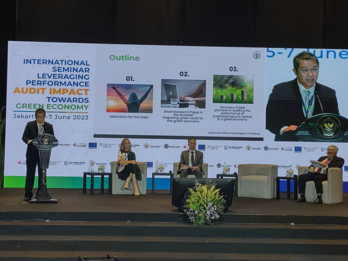 StateauditThai's tweet photo. On #WorldEnvironmentDay, Dr. Sutthi joined the Int'l Seminar on Leveraging Performance #Audit Impact Towards #GreenEconomy as a panelist in Jakarta🇮🇩
He shared his paper on Enhancing the Impact of Performance Audits on the Green Economy in Post-Pandemic.

https://t.co/tpP1tDoZfx https://t.co/YB7EzyqgHC