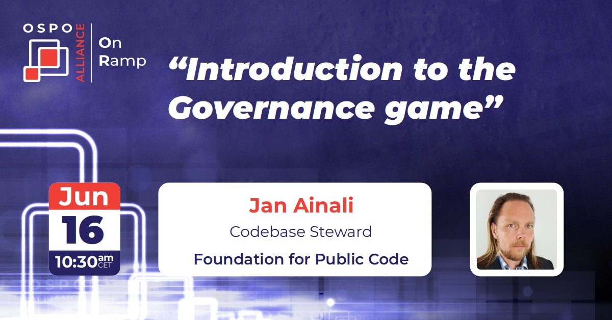 Our next OnRamp meeting will feature @jan_ainali, Codebase Steward at <a href="/publiccodenet/">The Foundation for Public Code</a>

Join us for an introduction to the #governance game

📅 June 16st, 2023
⏰ 10:30-12:00 CEST
▶️ ospo.zone/onramp/

Open to all / no registration / safe env

#OSPO #OpenSource