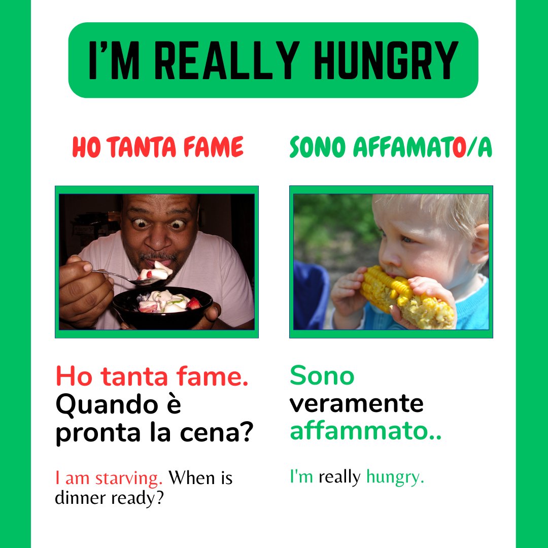 ➡️ Ho tanta fame -> I'm starving
➡️ Sono affamato/a -> I'm really hungry. #italianforbeginners #italianamerican #italianlanguage #learnitalian #italianlessons #speakitalian #italianonline #italienischlernen #italianoperstranieri #italianvocabulary