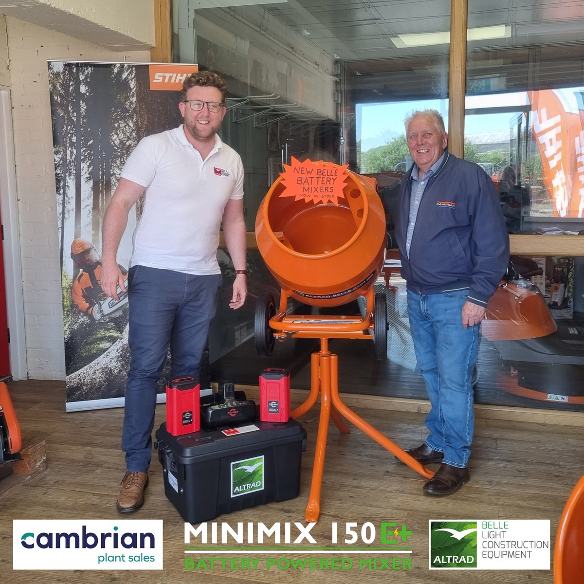 Alongside our Welsh Distribution Partners, <a href="/Cambrian_Group/">Cambrian Group</a>, Cardiff, we're pleased to announce the arrival of the first batch of Minimix 150E+ battery-powered mixers into Wales.

Pictured is Altrad Belle Sales Manager Rob Godfrey with Cambrian Plant Sales MD, Mike Donnelly