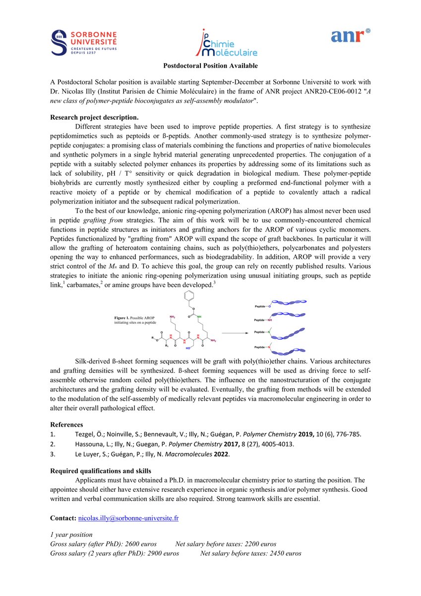 We are looking to recruit a postdoc fellow, to work on the synthesis of polymer-peptide conjugates. @IPCM_Sorbonne @gfpolymeres @Polymers_SU Please RT. More info in the ad.