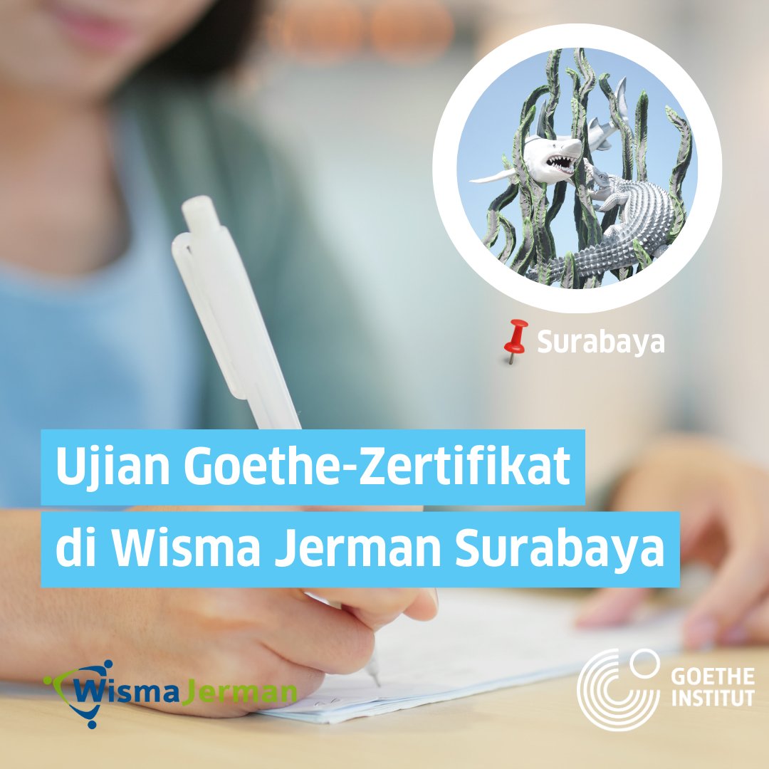 Mau ikut Ujian Goethe-Zertifikat tapi berdomisili di Surabaya dan sekitarnya? Freunde bisa mengikuti #UjianGoethe di mitra kerja kami, @WismaJerman . 

Silakan kunjungi tautan berikut untuk info pendaftaran ujiannya: wisma-jerman.or.id/id/dates-and-e…