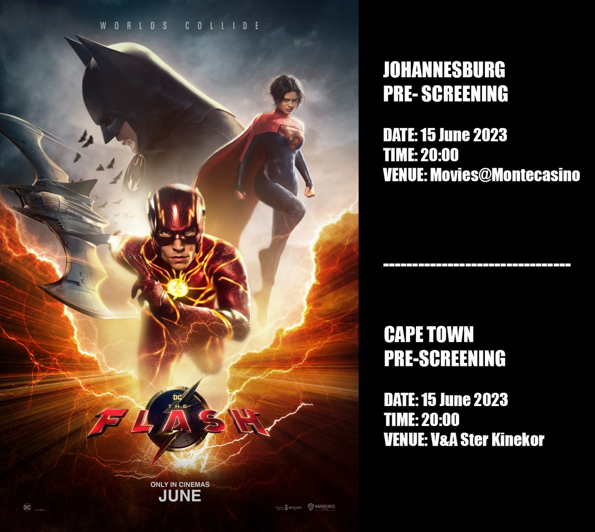 Thanks to <a href="/warnerbros_sa/">Warner Bros SA</a>, we have 10 double tickets to give away for pre-screenings of THE FLASH, on 15 June in Joburg &amp; Cape Town.

To enter, reply with your city. For a bonus entry, RT this post. 

Film info, T&amp;Cs: tinyurl.com/ye68vs3w
#TheFlash #TheFlashMovie #FlashMovie