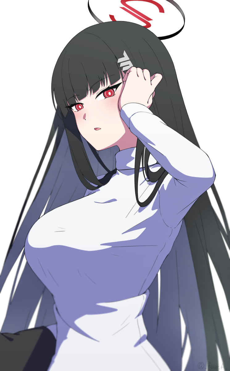 1girl halo long hair black hair red eyes breasts solo  illustration images