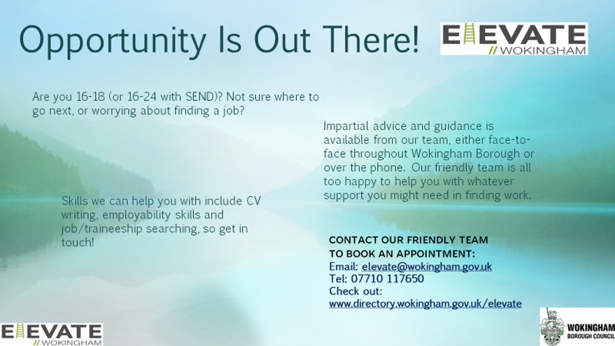 ElevateHub's tweet photo. Are you looking for a new opportunity in the world of work? Why not use Elevate to support your search through free expert advice and guidance! If you'd like to get in contact, just give us a call or email. https://t.co/VrJ4Ep5Fbc
