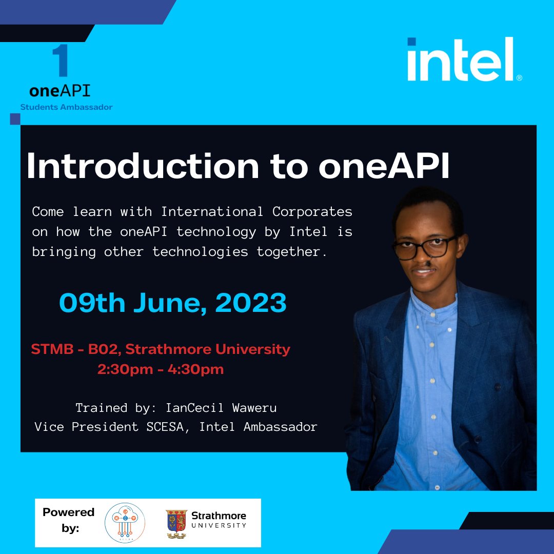 iancecil_w's tweet image. Join us this Friday at Strathmore University for an exclusive event on oneAPI Intel technologies. 
Don&apos;t miss this chance to explore the exciting world of oneAPI and network with top professionals. Register now!  bit.ly/oneAPI-Strath
@StrathU @ScesaStrathmore #oneAPI #Intel