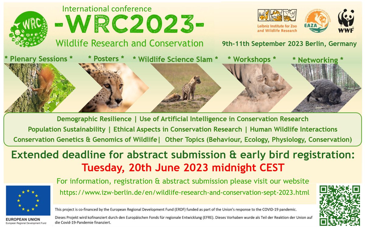 The deadline for abstract submission and early bird registration for the international conference 'Wildlife Research and Conservation 2023' has been extended to 20th June 2023! --> Find all the infos here: izw-berlin.de/en/wildlife-re…