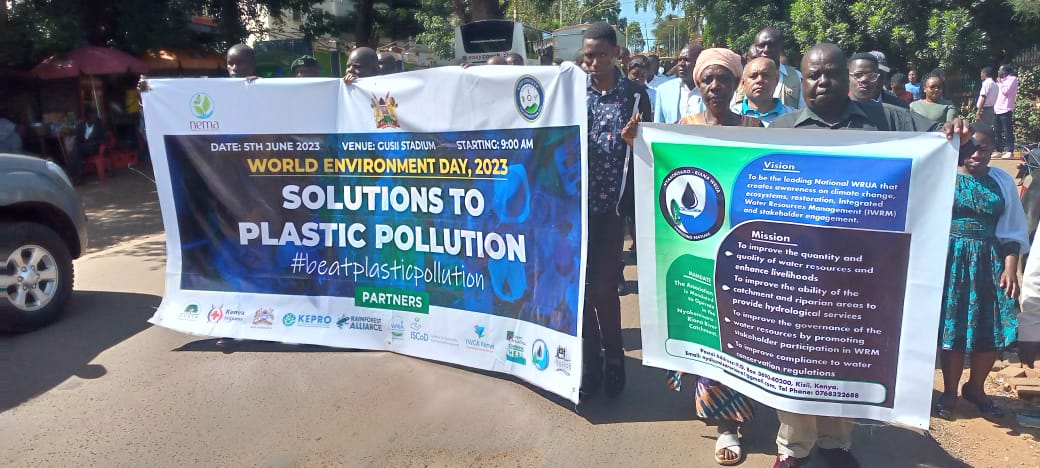 At Kisii county, stakeholders held a walk within Kisii town to create awareness on the need to stop plastic pollution 
#WED2023 
#BeatPlasticPollution 
#Inclusion4ClimateJustice