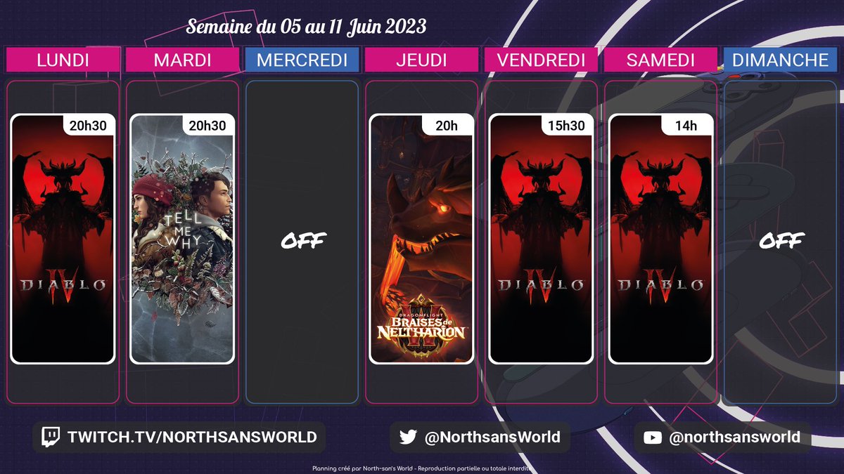 NorthsansWorld's tweet photo. Hey mes p'tits loups 💜 

Le programme des #stream #Twitch de la semaine est là !

Une semaine quasi-full @Blizzard_Ent avec un peu (beaucoup ?) de #DiabloIV !

On se retrouve ce soir à 20h pour la suite de la campagne principale ! 

🎮 https://t.co/UOlKRmsTAF

#StreamerGirl https://t.co/OI3zKfW6Tk