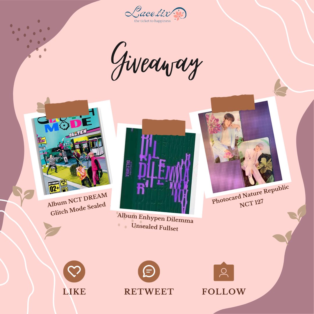 ✨ LACE.TIX GIVEAWAY ✨

for 3 lucky winners 🥳
🎁 NCT Dream - Glitch Mode Album (Sealed)
💿 Enhypen - Dilemma Album (Unsealed fullset)
🧧 NCT 127 - Natrep Photocard

‼️RULES‼️
- follow us @LACETIX + @/lace.tix on IG
- like+rt
- rep done+proof

🗓️ END: 17/06/2023

GOOD LUCK! 💃🏻🫶🏻
