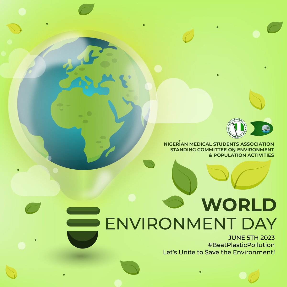 THE NIMSA STANDING COMMITTEE ON ENVIRONMENT AND POPULATION ACTIVITIES

presents💚💚💚

🔔 WORLD ENVIRONMENT DAY 
5th of June 2023

✨THEME: Solution to plastic Pollution✨

💚💚💚

Signed:
OLUWATOBI O. SALAMI
GENERAL SECRETARY

For
BARBARA C. ORISAKWE
NATIONAL DIRECTOR SCOEPA