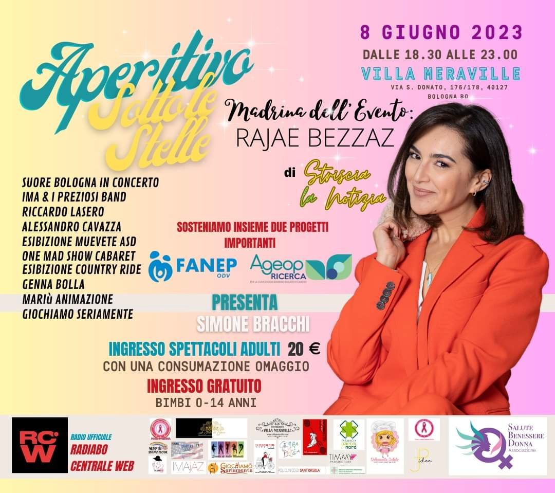 Mancano 3 giorni all'APERITIVO SOTTO LE STELLE nella splendida cornice di Villa Meraville. 
Madrina l'inviata di <a href="/Striscia/">Striscia la notizia</a> Rajae Bezzaz. 
I fondi andranno a sostegno dei progetti di Co-terapia, Art Terapia e Attività assistita con Animali,  di Ageop Ricerca e Fanep.

#fanep