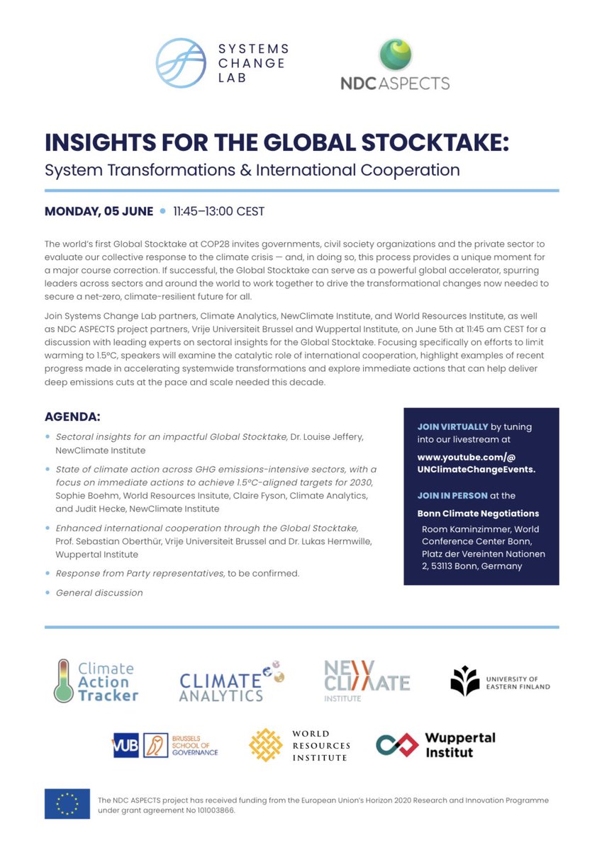 Watch today’s #SystemsChangeLab and @ndcaspects discussion with leading experts on sectoral insights for the Global Stocktake at 11:45 AM CEST. Experts will focus on limiting warming to 1.5°C, the role of international cooperation and more. 
Watch here: youtube.com/@UNClimateChan…