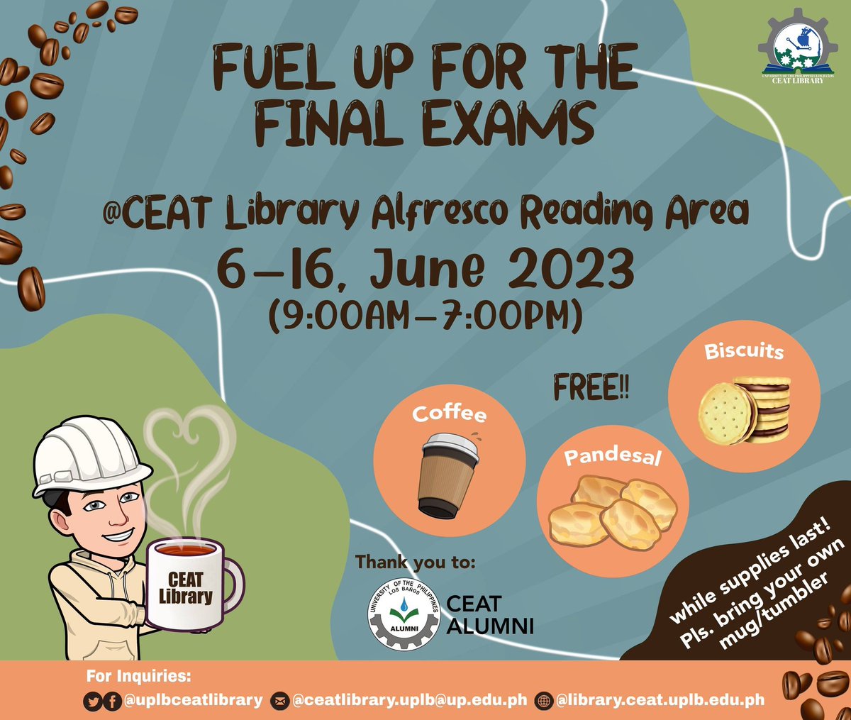 uplbceatlibrary's tweet photo. FUEL UP FOR THE FINAL EXAMS!
CEAT LIBRARY brings you “Food Box”: a food drive to survive the finals week.
Our food box is located in the Alfresco Reading Area. Please bring your own mug/cup/tumbler.
#CEATLibConnect
#FoodBoxAtTheLibrary
#SurvivingFinalsWeek https://t.co/J0bCx0S3nU