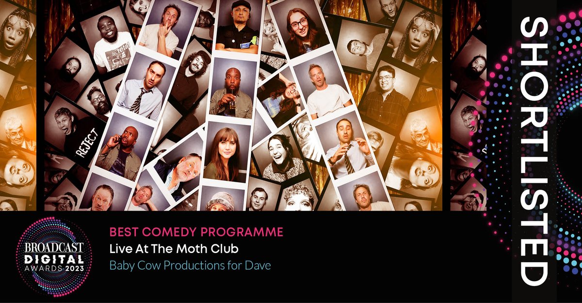 Shortlisted for Best Comedy Programme is – Live At The Moth Club, <a href="/babycowLtd/">Baby Cow Productions</a> for <a href="/davechannel/">U&Dave</a> 

#BDA2023 bit.ly/BDA23shortlist