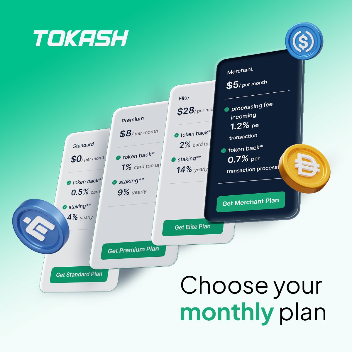 Discover the different flexible #plans we offer and what #benefits they have. The yearly or monthly options include tokens back when you top up your #card with #Crypto, as well as #Staking rewards.
Learn more on tokash.io