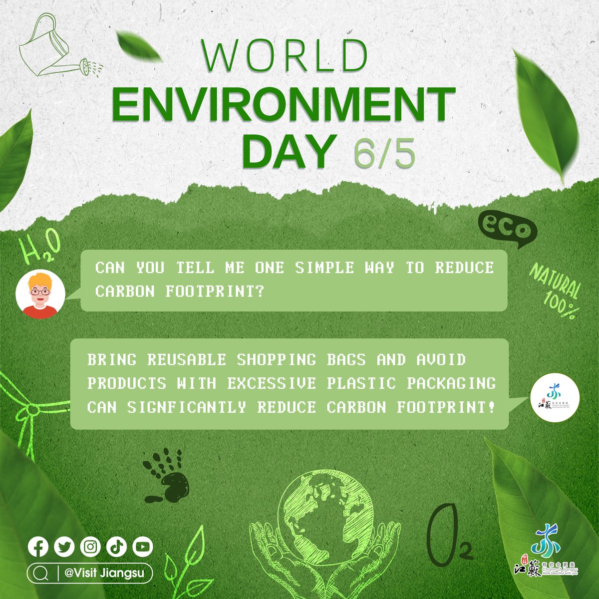 VisitJiangsu's tweet photo. #LifeJS #JSfestival Happy #WorldEnvironmentDay! 🌍 Join Jiangsu in discovering the world of low-carbon living.
Share your favorite eco-friendly habits in the comments and let's inspire each other to live sustainably.
With Jiangsu, we can build a greener future together! https://t.co/tdz8ZFL3ye