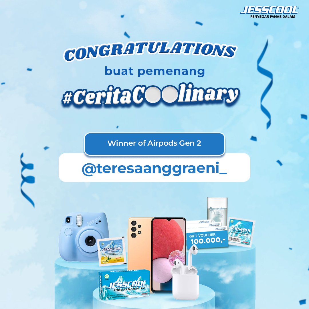 JessCool_ID's tweet photo. Are you one of the lucky winners?🤩

Selamat yah buat kamu yang udah berhasil menangin hadiah total senilai jutaan rupiah🤑 Udah dapet hadiah impianmu belom😝

Terima kasih buat semua Jesscoolers yang udah berpartisipasi di #CeritaCoolinary ini!😆 https://t.co/tEX1WBkiHR