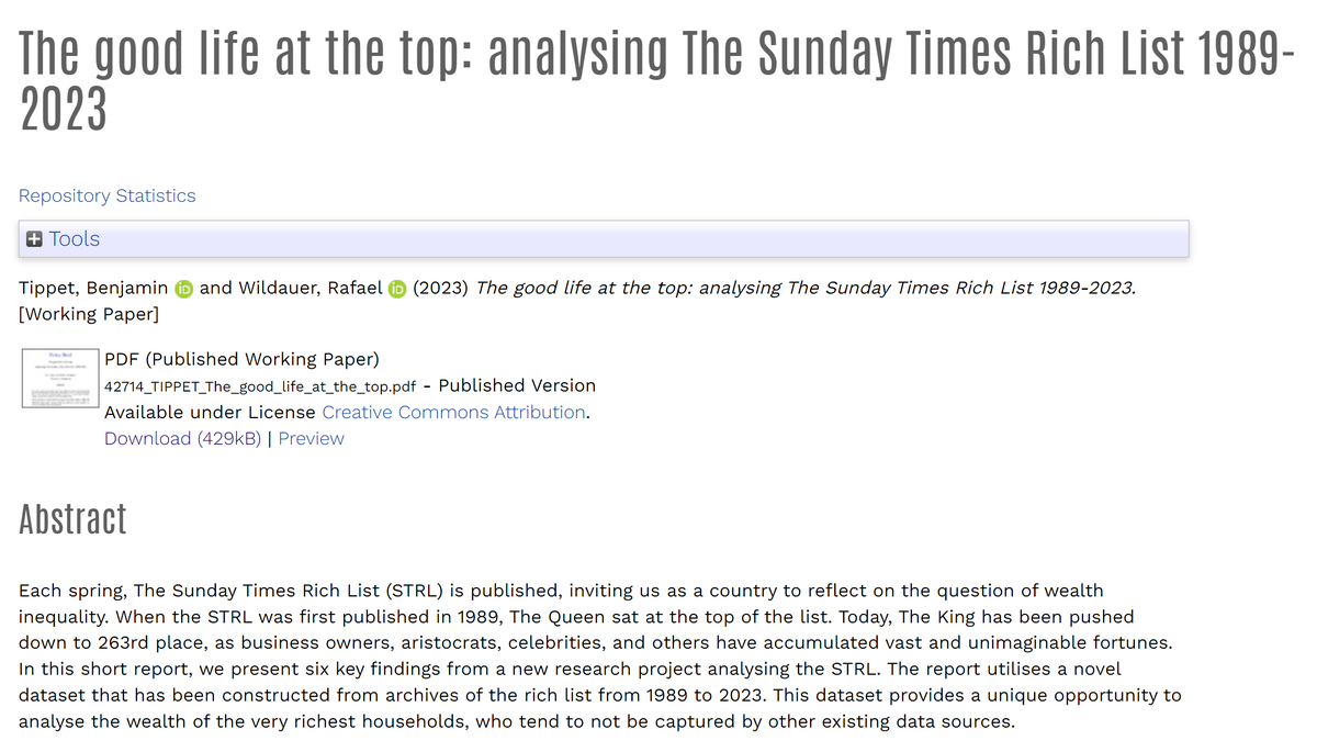 Ben Tippet (@bentippet) on Twitter photo New Report: The richest 50 families in the UK have more wealth than the bottom half of the UK population (33.5 million people)
<a href="/RafaelWildauer/">Rafael Wildauer</a> and I analysed UK wealth inequality using The Sunday Times Rich List (1989 to 2023)
Funded by <a href="/BritishAcademy_/">The British Academy</a> & <a href="/LeverhulmeTrust/">The Leverhulme Trust</a>) 1/7 New Report: The richest 50 families in the UK have more wealth than the bottom half of the UK population (33.5 million people)
<a href="/RafaelWildauer/">Rafael Wildauer</a> and I analysed UK wealth inequality using The Sunday Times Rich List (1989 to 2023)
Funded by <a href="/BritishAcademy_/">The British Academy</a> & <a href="/LeverhulmeTrust/">The Leverhulme Trust</a>) 1/7