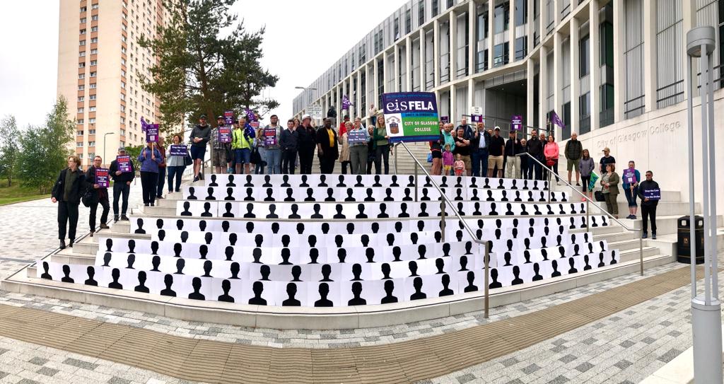 The indefinite strike action at the City of Glasgow College is in its second week. The branch stood in solidarity today behind the shocking image of the colleagues that will be lost if compulsory redundancies go ahead. <a href="/scotgov/">Scottish Government</a> <a href="/CollegesScot/">Colleges Scotland</a> <a href="/CofGCollege/">City of Glasgow College</a> #nomorecuts