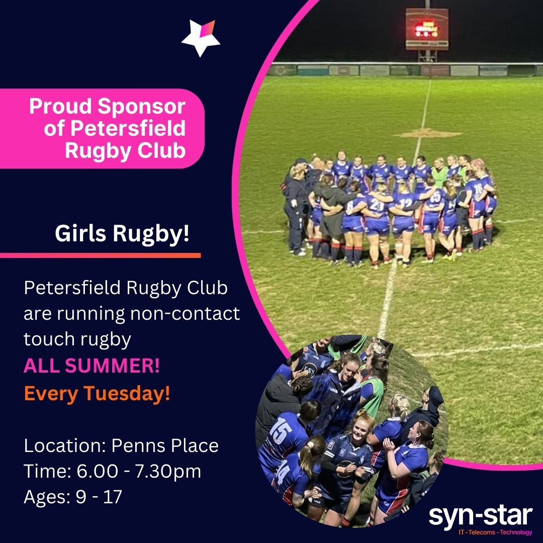 GIRLS, don't miss out on this opportunity! 🏉☀️ Petersfield Rugby Club are running non-contact rugby this summer every Tuesday! Make sure you head down and give it a go! 
#synstar #petersfieldrugby #sponsors #itsupport #girlsrugby #noncontactrugby