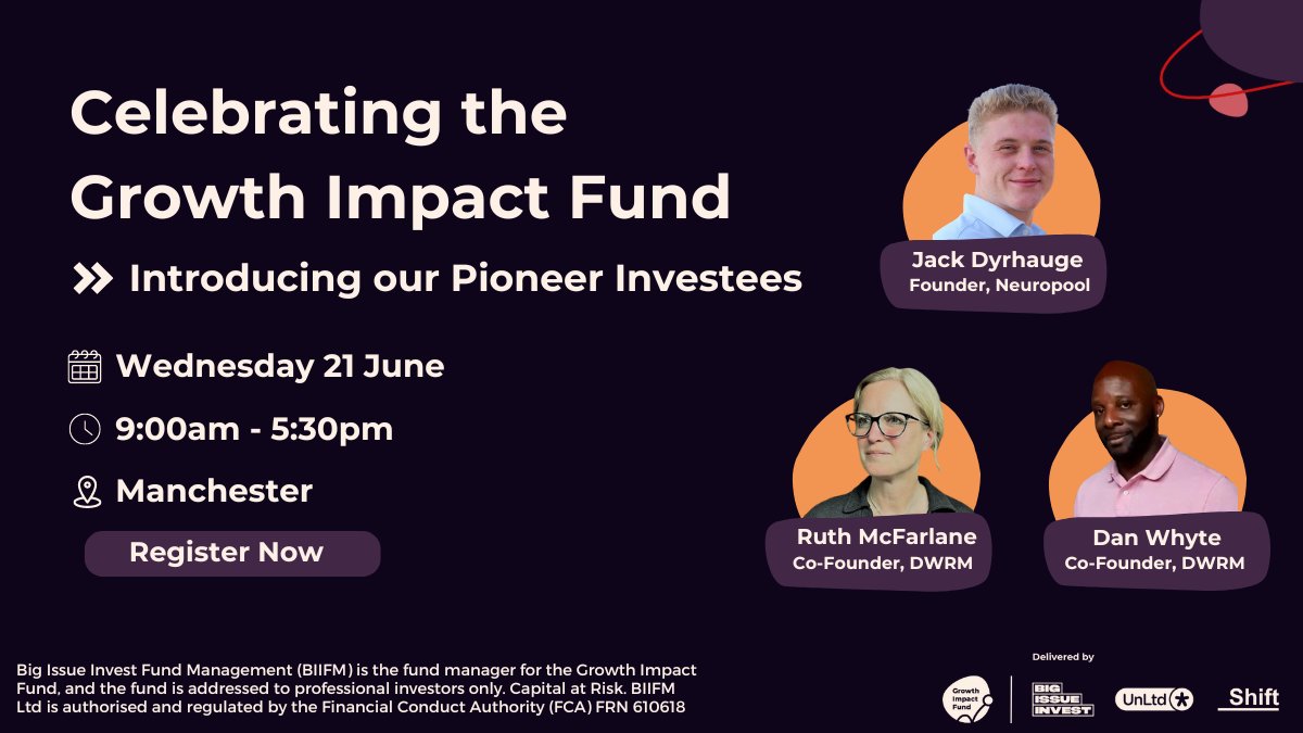 Join us in Manchester on 21 June and meet the #GrowthImpactFund's pioneer investees Hear first-hand from the Fund’s investees about their journey from starting up to receiving investment and ask them your questions Register today - eventbrite.co.uk/e/celebrating-…