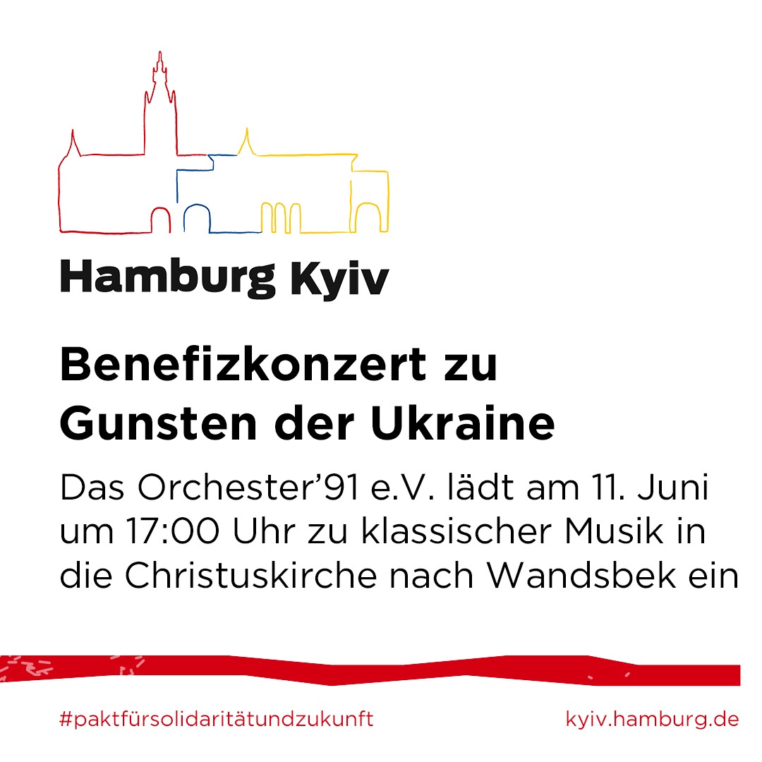 #StandWithUkraine 🇺🇦 Am 11. Juni lädt das Orchester’91 e.V. um 17 Uhr zum Benefizkonzert zu Gunsten der Ukraine in die Christuskirche Wandsbek. Gespielt wird u.a. klassische Musik von Wolfgang Amadeus Mozart. Infos: orchester91.de #KyivHamburg #WeAreAllUkrainians