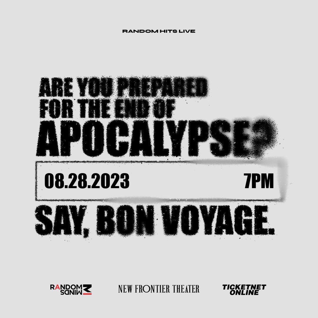 RandomMinds new teaser for the upcoming K-Pop event this August 28, 2023!

Apocalypse? Bon Voyage? Any guesses? 🔥
Comment down below.

ARTIST REVEAL on Wednesday (June 7), 12NN!!!

#RMHits