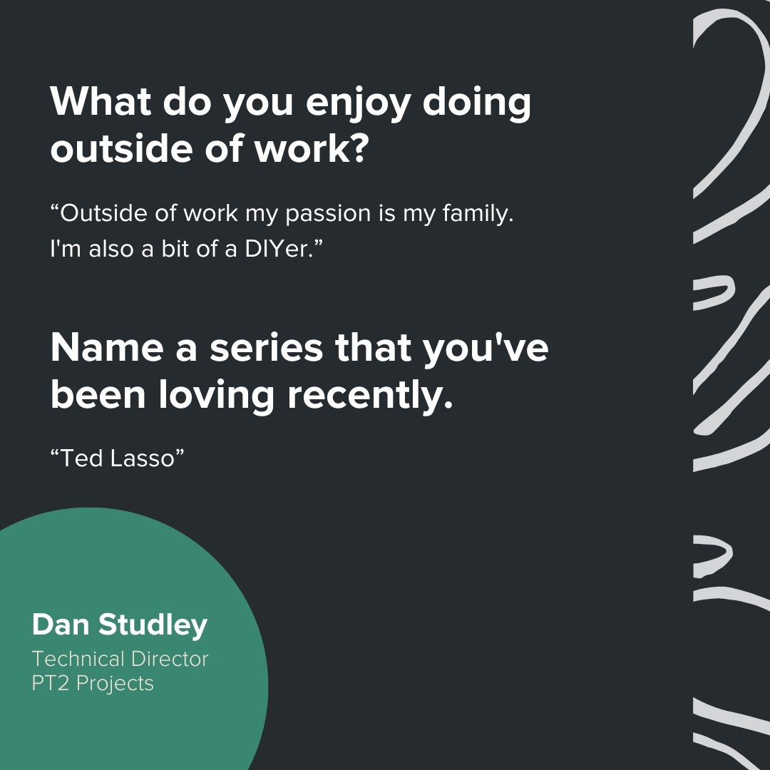 Meet Dan 👋

Dan is the Technical Director of the PT2 Projects department. 🎬

Swipe to see what Dan loves about his job &amp; what he's liking on TV recently! 💗

#pt2 #procamtake2 #pt2projects #meettheteam #technicaldirector #milticam #live #obtruck