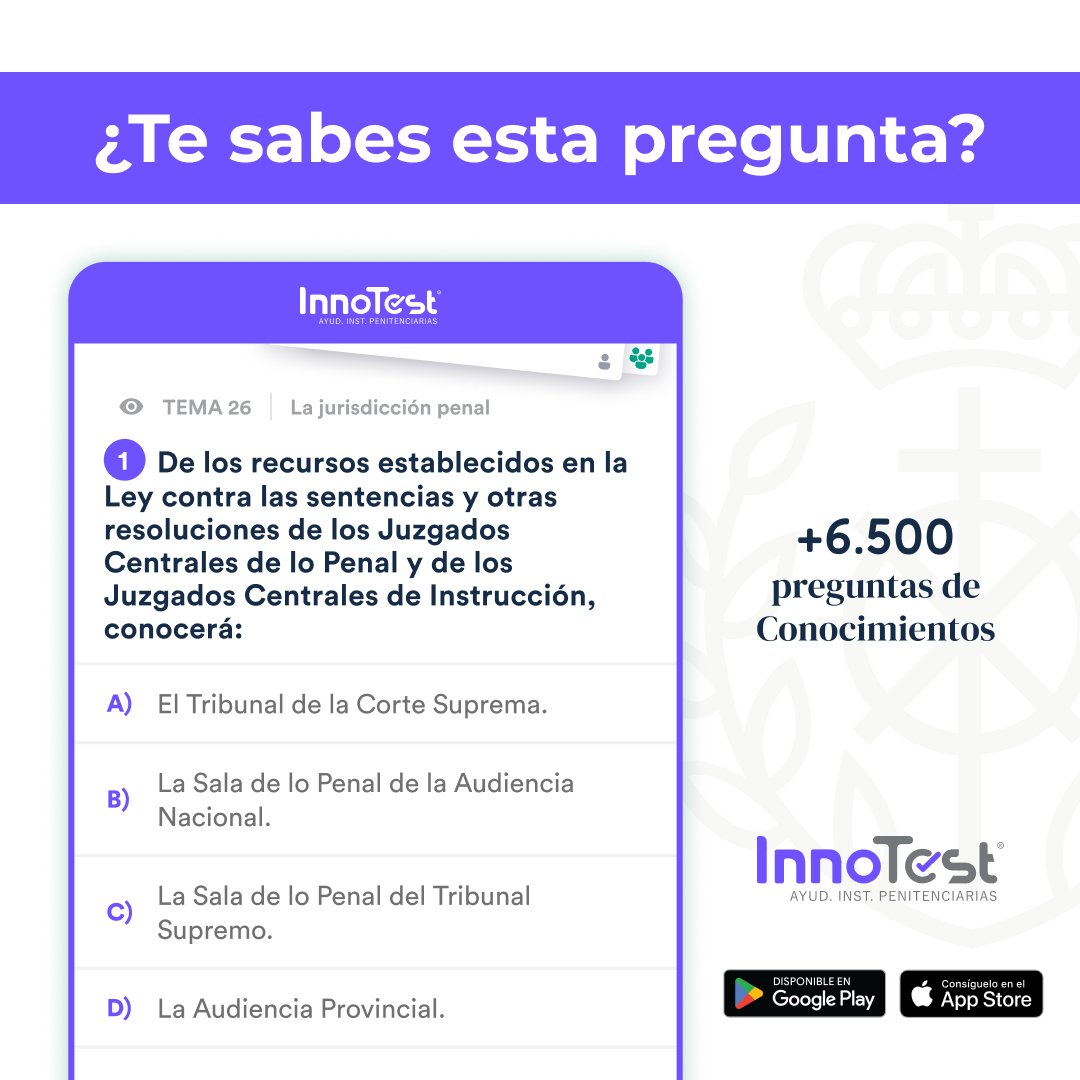 InnoTestES's tweet photo. 🔔 ¡A por la pegunta de la semana!
Atención, opositor. ¿Dominas el temario oficial? 🤔 Te ponemos a prueba con esta #InnoPregunta del temario oficial de #AyudanteIIPP del tema 26 sobre la jurisdicción penal.
💬 ¡Deja tu respuesta! https://t.co/NcAyXaivDQ