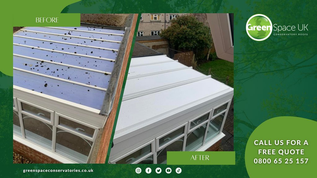 greenspaceuk_'s tweet photo. Unveiling the power of #transformation! Witness the incredible #beforeandafter results with our #insulatedroof panels tailor-made by Green Space UK. Say goodbye to a dirty polycarbonate roof and hello to a sleek, white upgrade that elevates both aesthetics and energy efficiency. https://t.co/xRcM49Z1DM