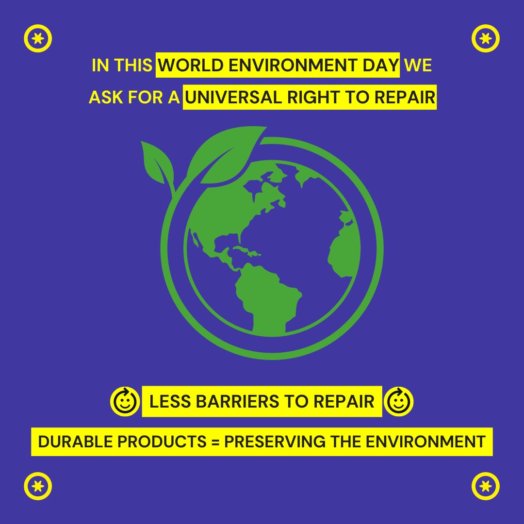 On this #WorldEnvironmentDay we ask the #EU to deliver on a universal #righttorepair

Repair keeps products alive for longer, delaying the need for new production, saving resources &amp; greenhouse gas emissions

#Reuse &amp; #Repair are at the base of an efficient #CircularEconomy