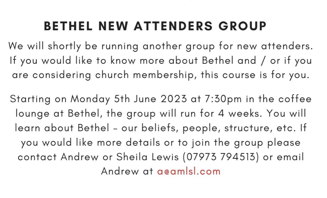 Come along tonight if you are a New Attender to Bethel or considering Membership.