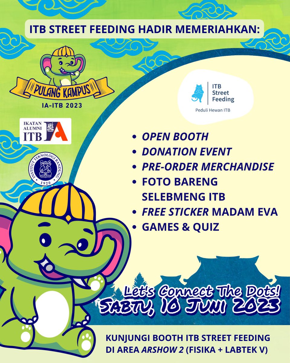ITBSF's tweet photo. Ehem!
ITB Street Feeding akan hadir dalam acara Pulang Kampus pada 10 Juni 2023 π₯°
Yuukk yg liburannya di Bandung atau ikutan semester pendek, merapat ke booth ITBSF ππ»ππ»ββοΈπ¨
Ditunggu kehadirannya π
#itbstreetfeeding #pedulihewanitb #kucingitb #prosteril #adoptdontshop https://t.co/HykMWNEA3S