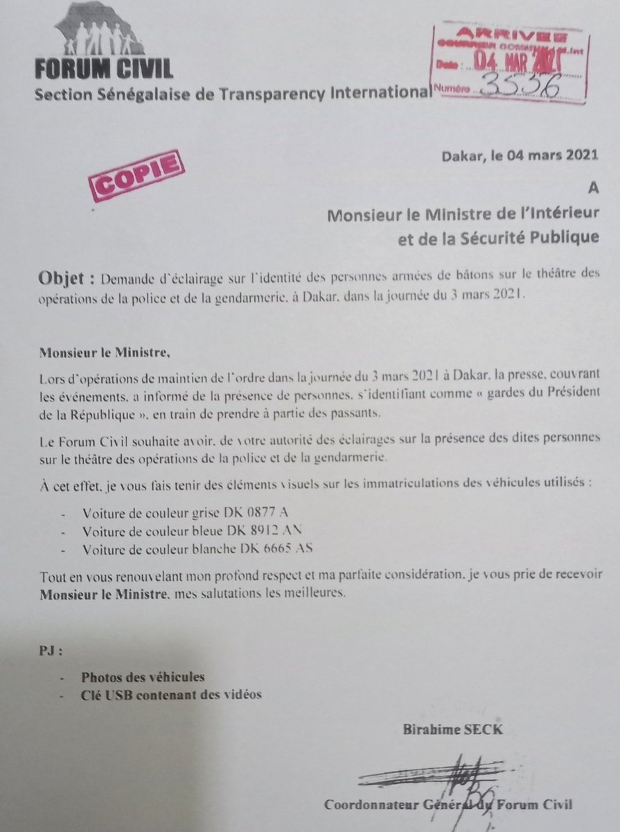 BirahimeSeck's tweet photo. M. le Ministre de l'intérieur @AFADiome, le 4 mars 2021, nous vous avions adressé une demande d'éclairage sur l'identité des personnes armées de bâtons intervenus sur le théâtre d'opération de la police nationale. Aviez vous ouvert une enquête car, jusque-l��, pas de réponse? https://t.co/d8rkfwWWSr