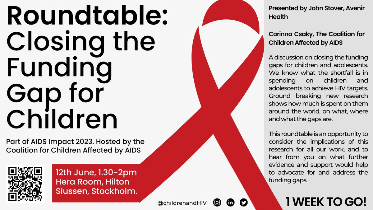 1 Week to go!⏳ Come to our session at @AIDSImpact, 12th June 1.30 pm at the Hilton Slussen, Stockholm 🇸🇪 to
discuss how we can close the funding gap for children and adolescents. 

Can't be there in person? See here for a new report:
bit.ly/DonorPolicyRep…

#ReachAllChildren